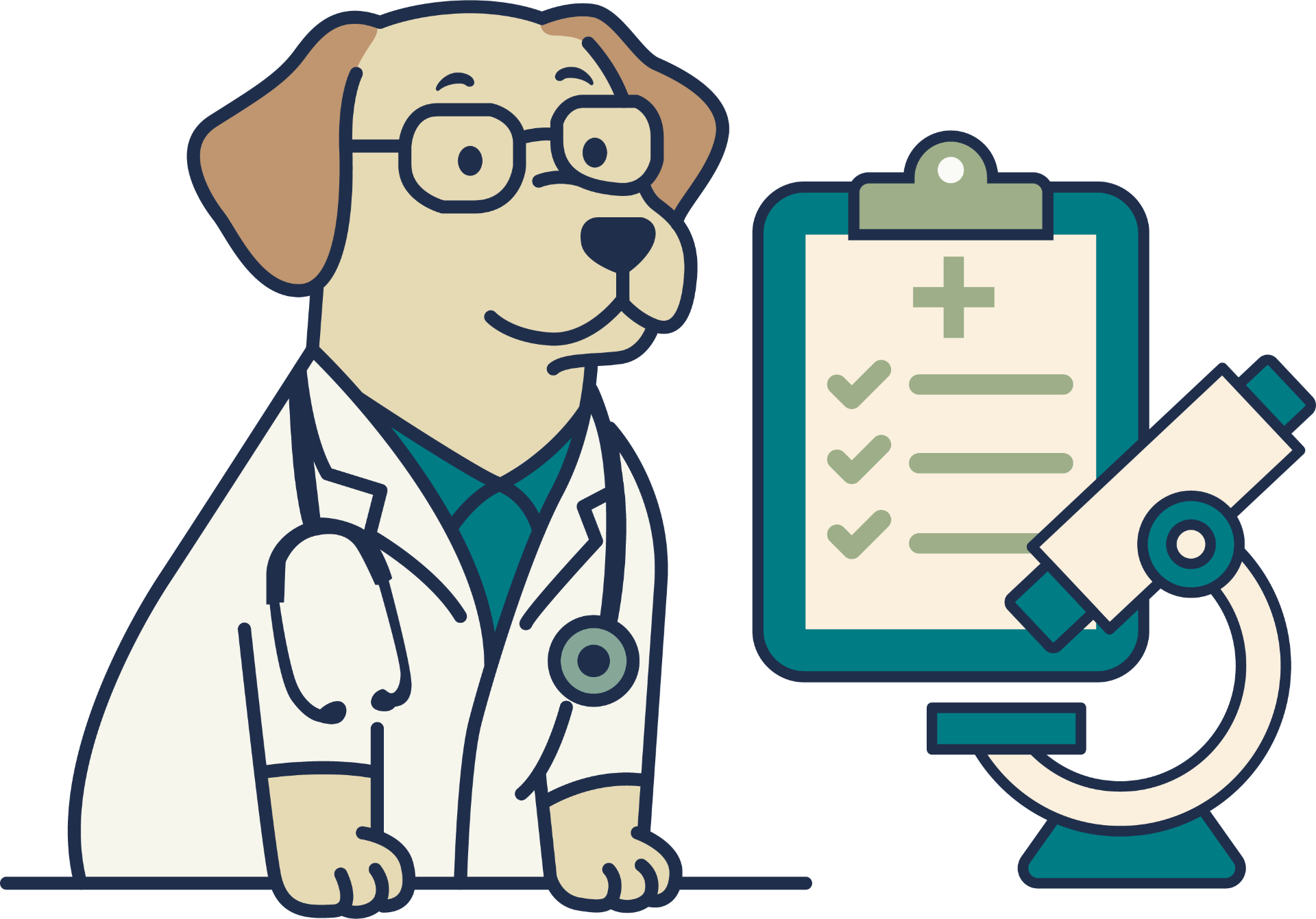 Veterinarian dog with clipboard and microscope